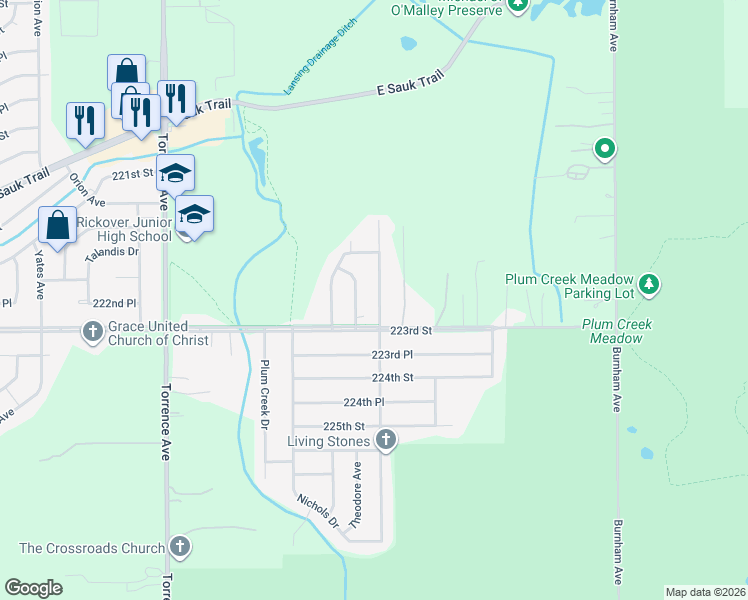 map of restaurants, bars, coffee shops, grocery stores, and more near 22232 Brookwood Drive in Sauk Village