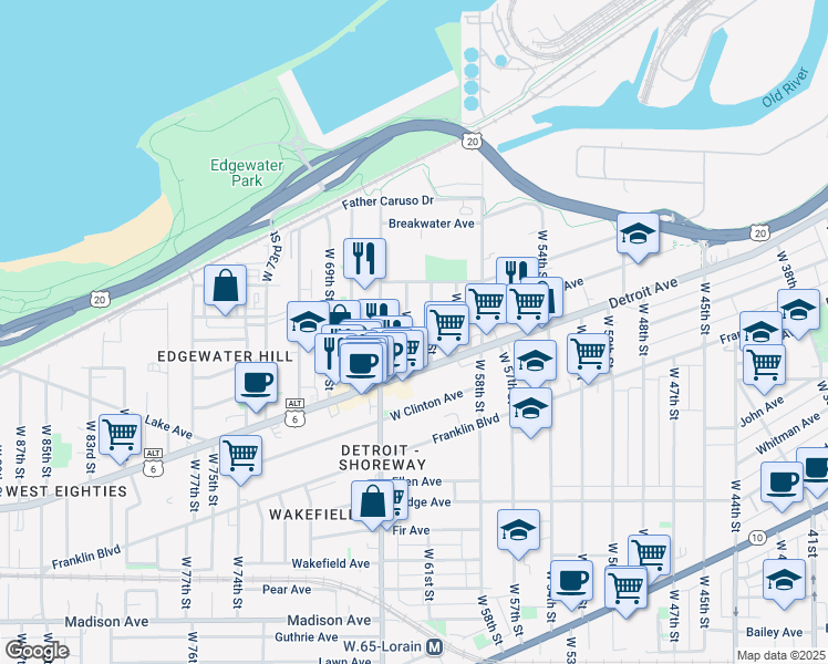 map of restaurants, bars, coffee shops, grocery stores, and more near 1353 West 64th Street in Cleveland