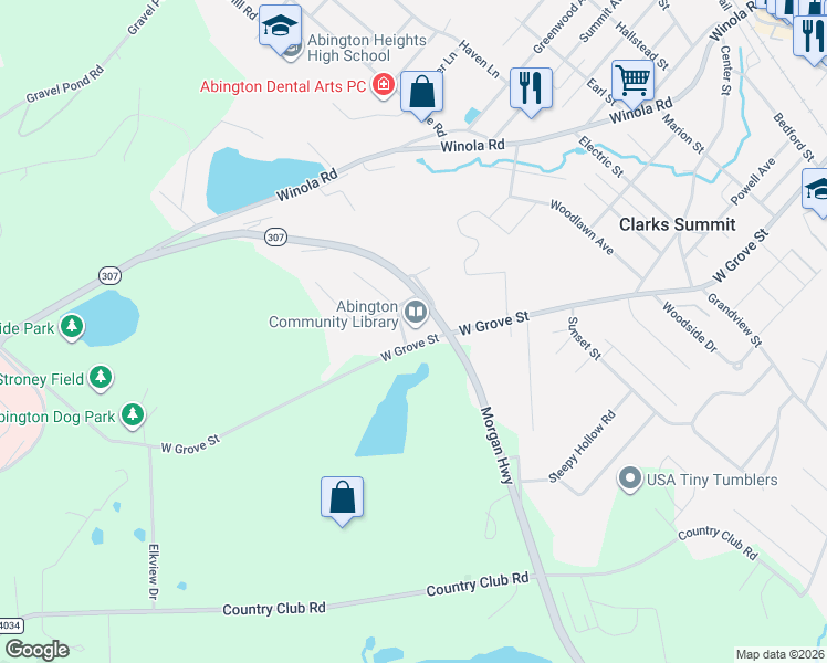 map of restaurants, bars, coffee shops, grocery stores, and more near 1200 West Grove Street in Clarks Summit
