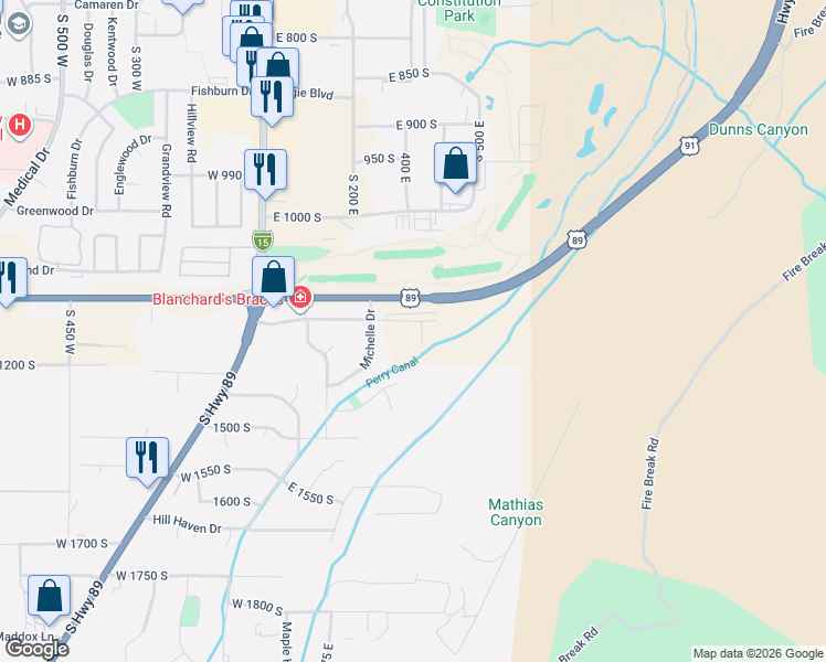 map of restaurants, bars, coffee shops, grocery stores, and more near 384 Skyline Drive in Brigham City
