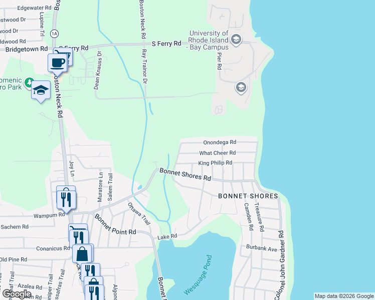 map of restaurants, bars, coffee shops, grocery stores, and more near 25 Spring Brook Road in Narragansett