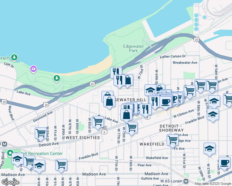 map of restaurants, bars, coffee shops, grocery stores, and more near 1274 West 76th Street in Cleveland