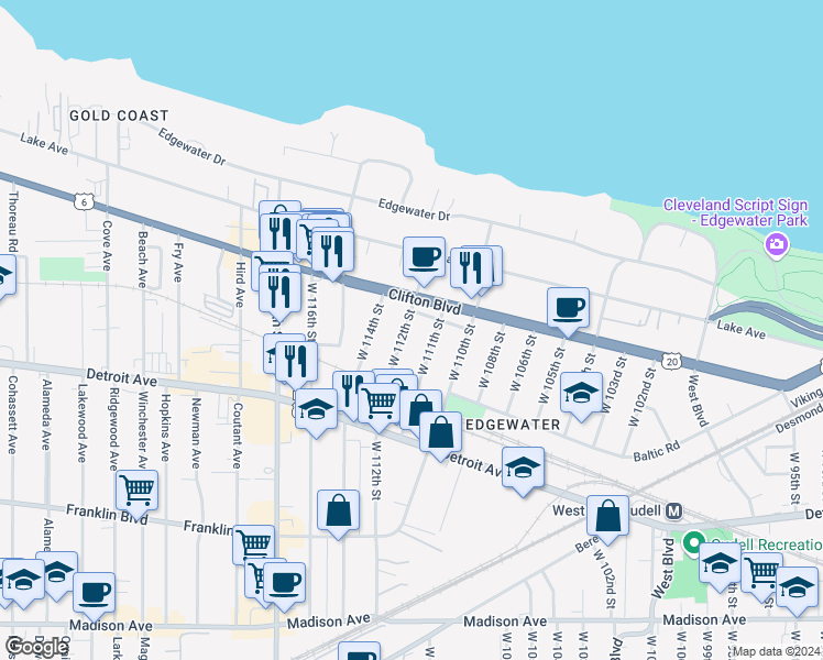 map of restaurants, bars, coffee shops, grocery stores, and more near 1283 West 112th Street in Cleveland