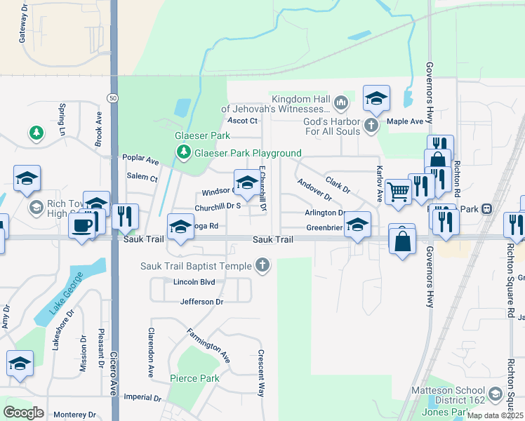 map of restaurants, bars, coffee shops, grocery stores, and more near 4415 Churchill Drive South in Richton Park