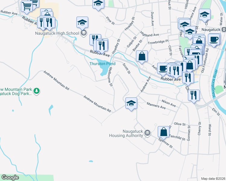 map of restaurants, bars, coffee shops, grocery stores, and more near 135 Melbourne Street in Naugatuck