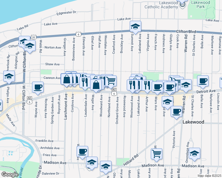 map of restaurants, bars, coffee shops, grocery stores, and more near 1394 Cranford Avenue in Lakewood