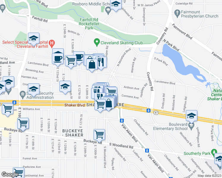 map of restaurants, bars, coffee shops, grocery stores, and more near 2653 North Moreland Boulevard in Cleveland