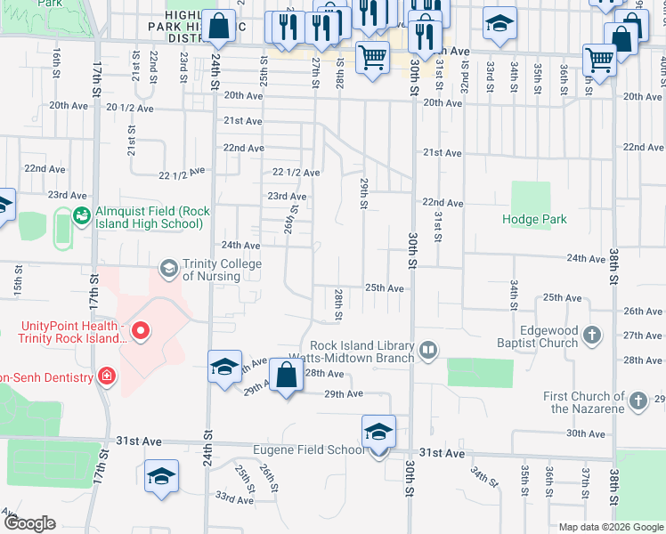 map of restaurants, bars, coffee shops, grocery stores, and more near 2420 28th Street in Rock Island