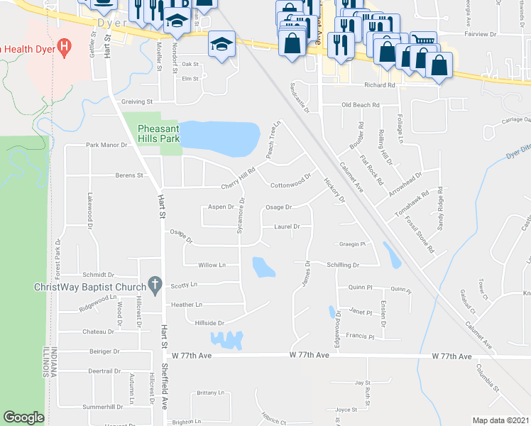 map of restaurants, bars, coffee shops, grocery stores, and more near 634 Osage Drive in Dyer