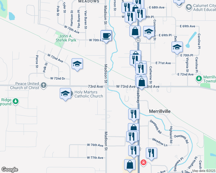 map of restaurants, bars, coffee shops, grocery stores, and more near 43 West Old Lincoln Highway in Merrillville