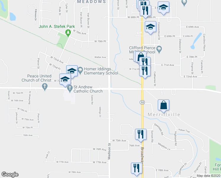 map of restaurants, bars, coffee shops, grocery stores, and more near 141 West Old Lincoln Highway in Merrillville