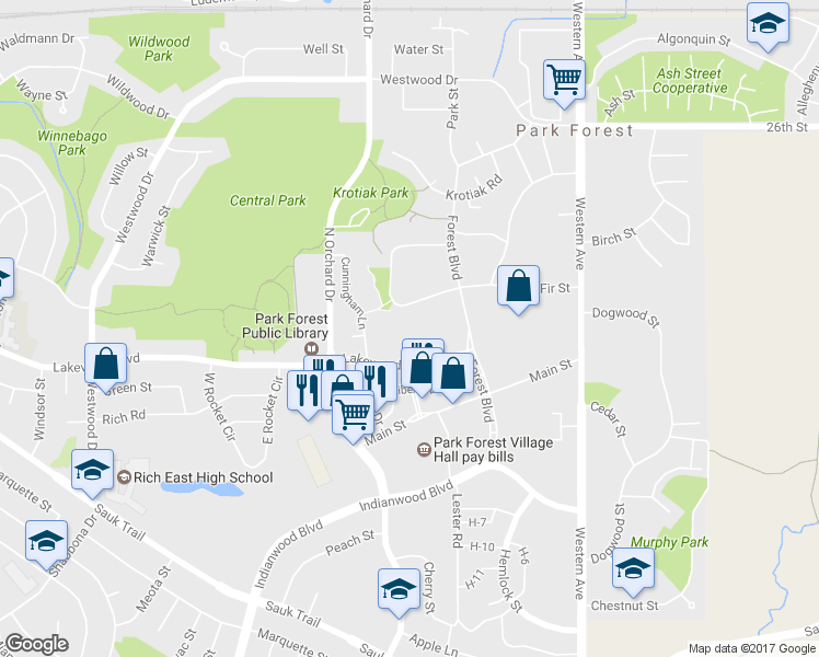 map of restaurants, bars, coffee shops, grocery stores, and more near 310 Lakewood Boulevard in Park Forest