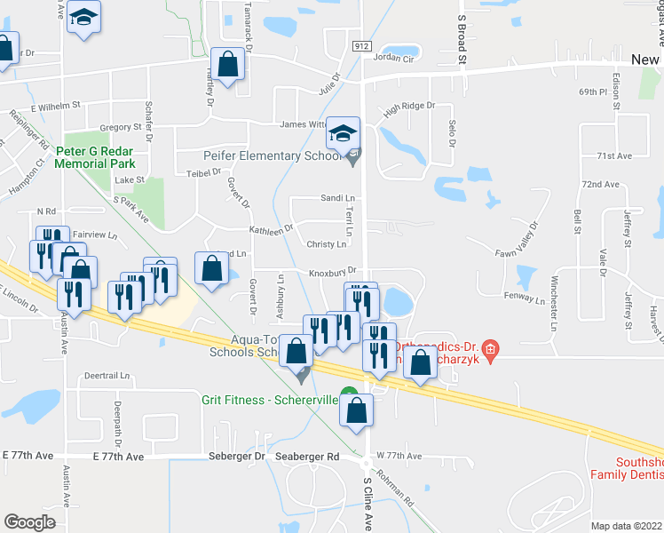 map of restaurants, bars, coffee shops, grocery stores, and more near 716 Knoxbury Drive in Schererville