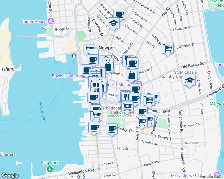 map of restaurants, bars, coffee shops, grocery stores, and more near 12 Corne Street in Newport