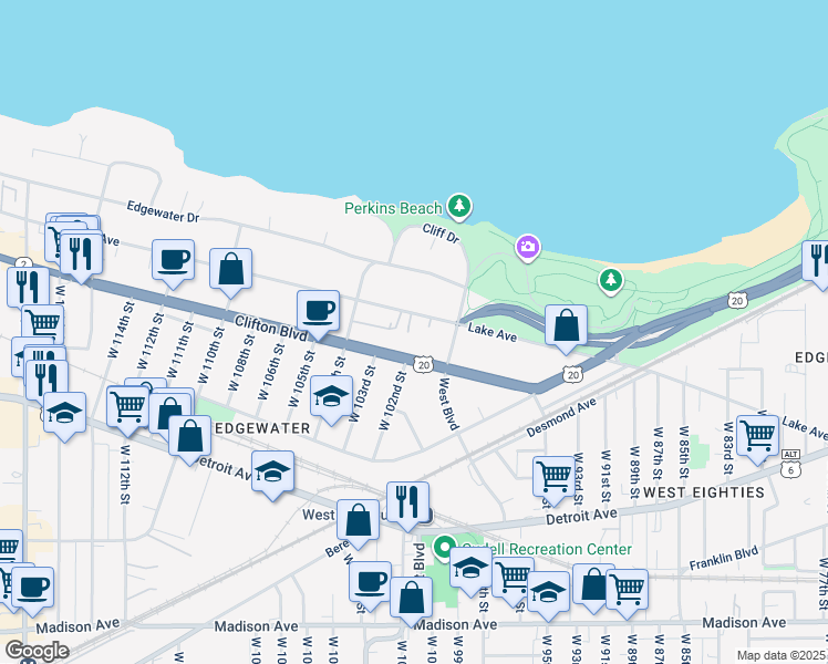 map of restaurants, bars, coffee shops, grocery stores, and more near 10017 Lake Avenue in Cleveland