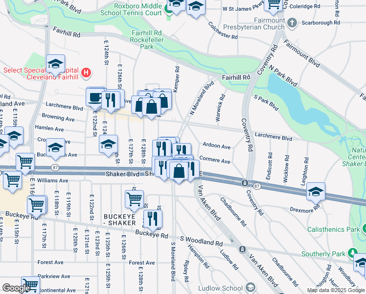map of restaurants, bars, coffee shops, grocery stores, and more near 2653 North Moreland Boulevard in Cleveland