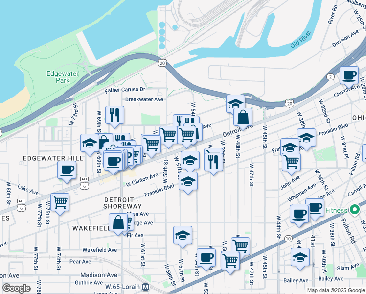 map of restaurants, bars, coffee shops, grocery stores, and more near 5417 Detroit Avenue in Cleveland