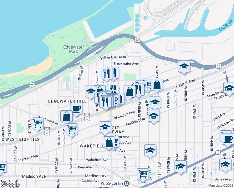 map of restaurants, bars, coffee shops, grocery stores, and more near 1353 West 64th Street in Cleveland