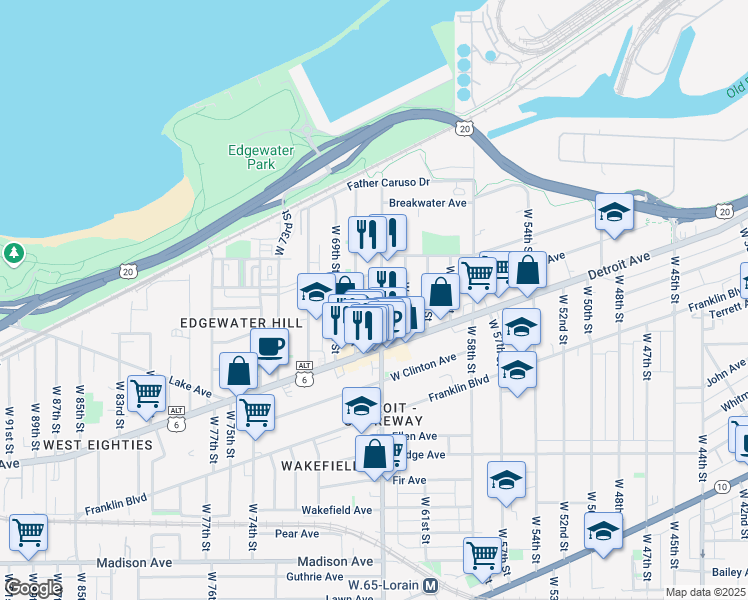 map of restaurants, bars, coffee shops, grocery stores, and more near 1346 West 65th Street in Cleveland
