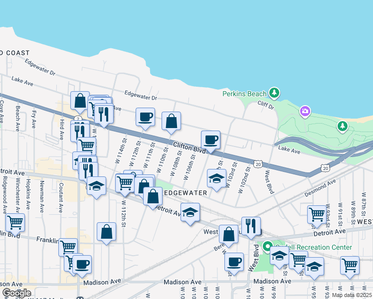 map of restaurants, bars, coffee shops, grocery stores, and more near 10603 Clifton Boulevard in Cleveland