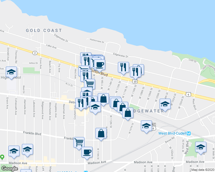 map of restaurants, bars, coffee shops, grocery stores, and more near 1309 West 114th Street in Cleveland