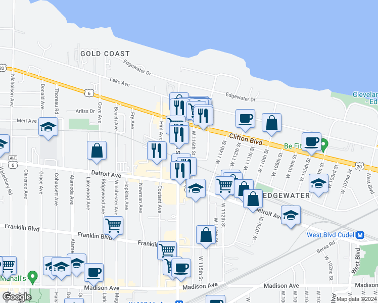 map of restaurants, bars, coffee shops, grocery stores, and more near 1310 West 116th Street in Cleveland