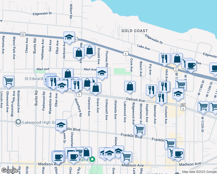 map of restaurants, bars, coffee shops, grocery stores, and more near 1366 Thoreau Road in Lakewood