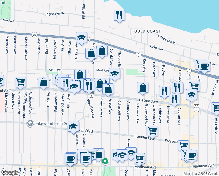 map of restaurants, bars, coffee shops, grocery stores, and more near 13114 Detroit Avenue in Lakewood
