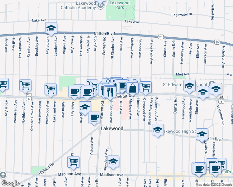 map of restaurants, bars, coffee shops, grocery stores, and more near 14650 U.S. 6 Alternate in Lakewood