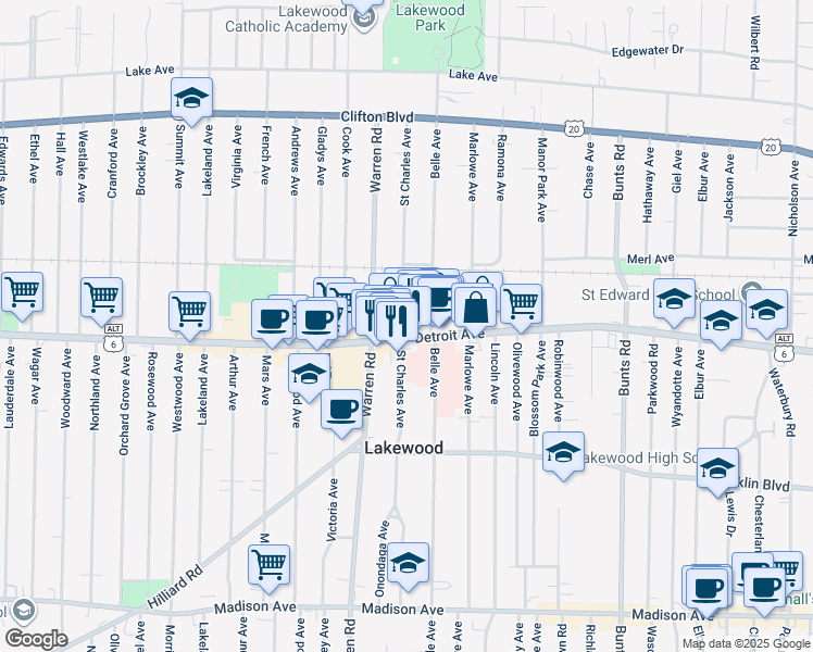 map of restaurants, bars, coffee shops, grocery stores, and more near 14650 U.S. 6 Alternate in Lakewood