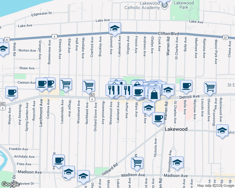 map of restaurants, bars, coffee shops, grocery stores, and more near 1382 Arthur Avenue in Lakewood