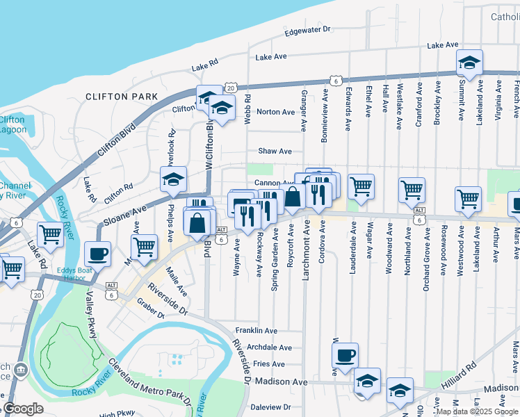 map of restaurants, bars, coffee shops, grocery stores, and more near 17600 Detroit Avenue in Lakewood