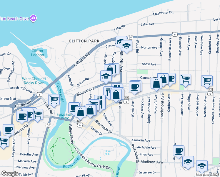 map of restaurants, bars, coffee shops, grocery stores, and more near 1331 Phelps Avenue in Lakewood