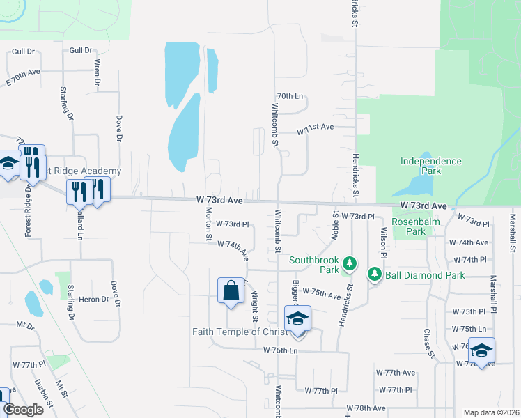 map of restaurants, bars, coffee shops, grocery stores, and more near 3985 W 73rd Ave in Merrillville