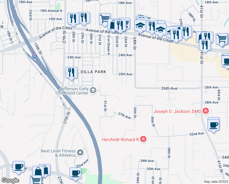 map of restaurants, bars, coffee shops, grocery stores, and more near 3109 26th Ave Ct in Moline