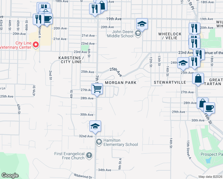 map of restaurants, bars, coffee shops, grocery stores, and more near 2614 8th Street in Moline