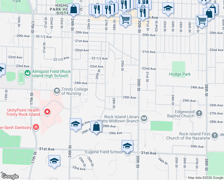 map of restaurants, bars, coffee shops, grocery stores, and more near 2420 28th Street in Rock Island