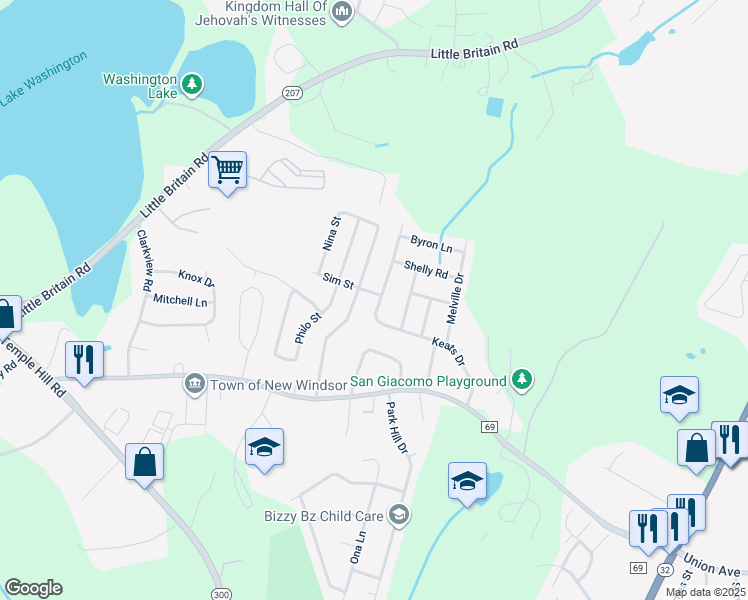 map of restaurants, bars, coffee shops, grocery stores, and more near 79 Keats Drive in New Windsor
