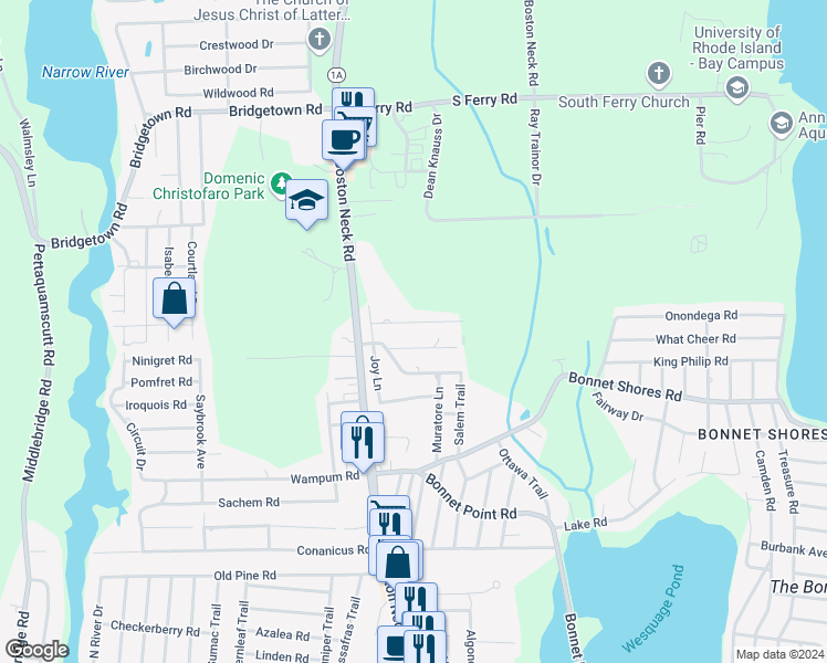 map of restaurants, bars, coffee shops, grocery stores, and more near 16 Lilly Lane in Narragansett