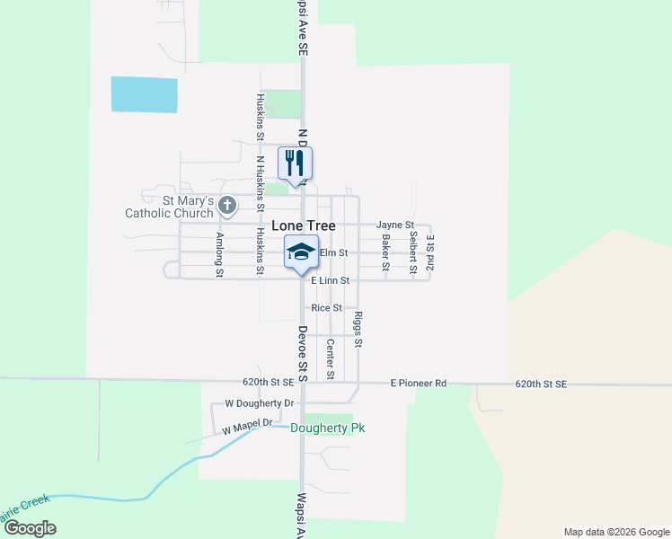 map of restaurants, bars, coffee shops, grocery stores, and more near 208 East Linn Street in Lone Tree