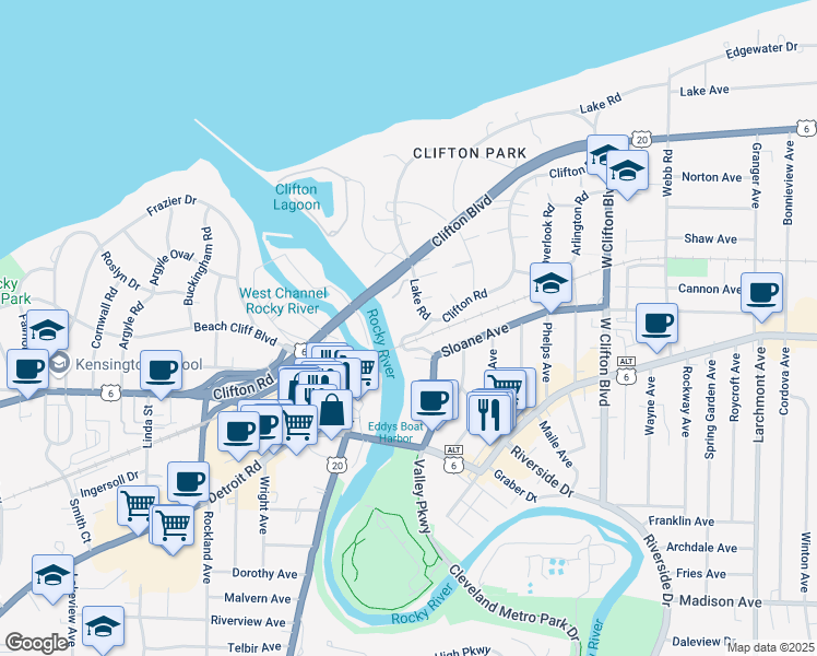 map of restaurants, bars, coffee shops, grocery stores, and more near 17908 Lake Road in Lakewood