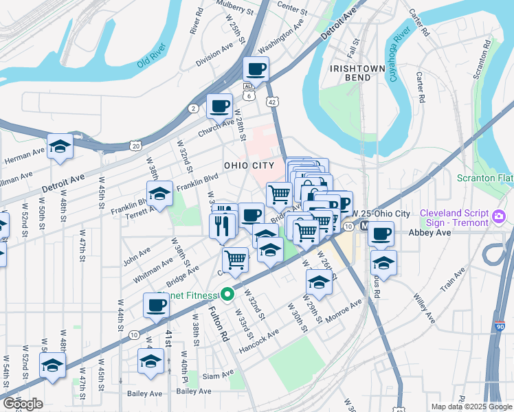 map of restaurants, bars, coffee shops, grocery stores, and more near 2820 Jay Avenue in Cleveland