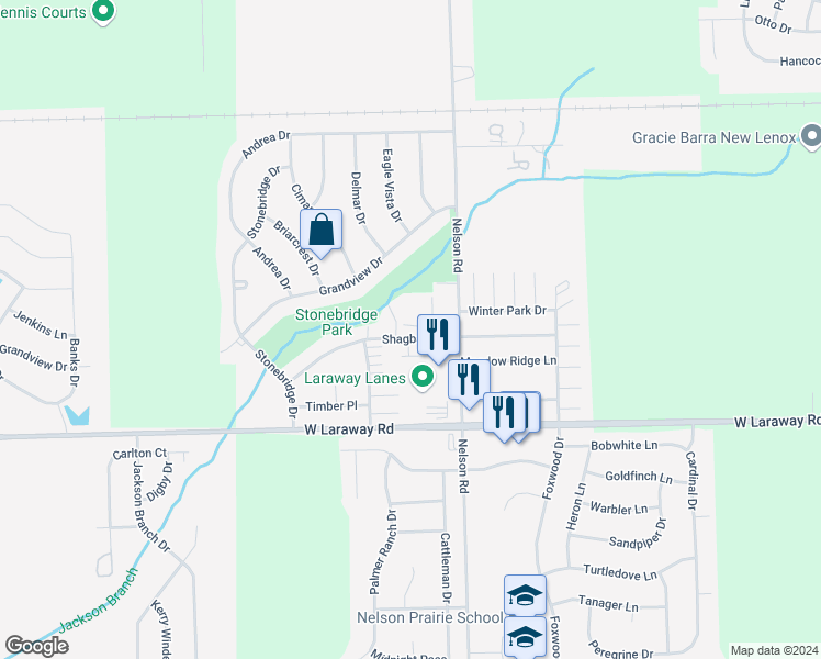 map of restaurants, bars, coffee shops, grocery stores, and more near 1019 Shagbark Road in New Lenox