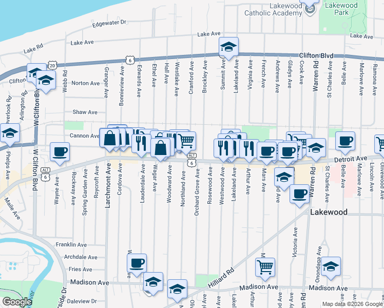 map of restaurants, bars, coffee shops, grocery stores, and more near 1385 Cranford Avenue in Lakewood