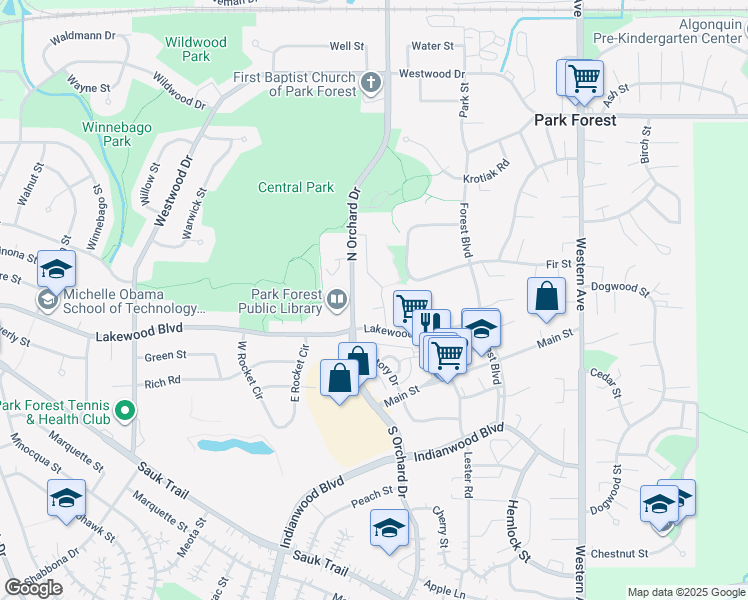 map of restaurants, bars, coffee shops, grocery stores, and more near 2 School House Court in Park Forest