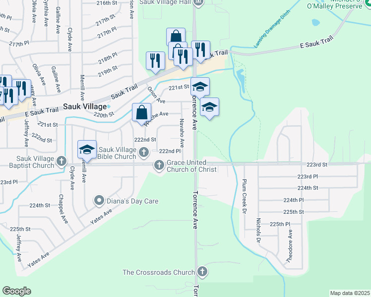map of restaurants, bars, coffee shops, grocery stores, and more near 22223 Navaho Avenue in Sauk Village