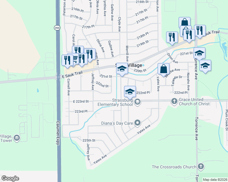 map of restaurants, bars, coffee shops, grocery stores, and more near 22231 Chappel Avenue in Sauk Village