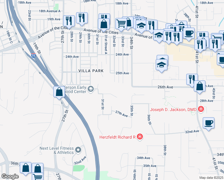 map of restaurants, bars, coffee shops, grocery stores, and more near 3109 26th Ave Ct in Moline
