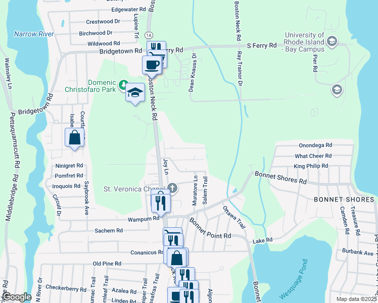 map of restaurants, bars, coffee shops, grocery stores, and more near 27 Clara Lane in Narragansett