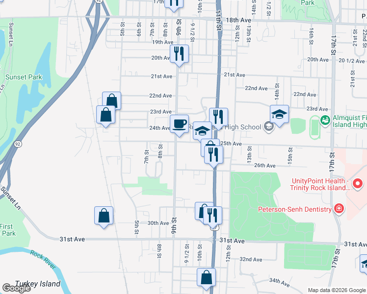 map of restaurants, bars, coffee shops, grocery stores, and more near 2503 9th Street in Rock Island